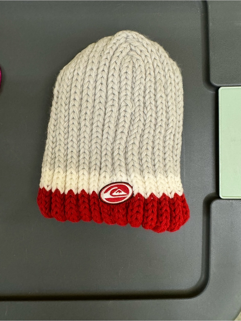 Quiksilver Kids Knit Beanie in Cream with Red Trim